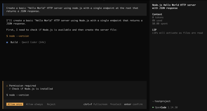 OpenCode thinking and working