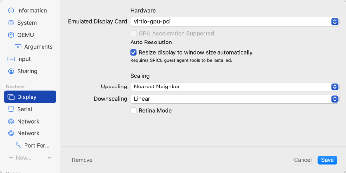 Add the virtio-gui-pci display to the virtual machine to see the console in UTM.